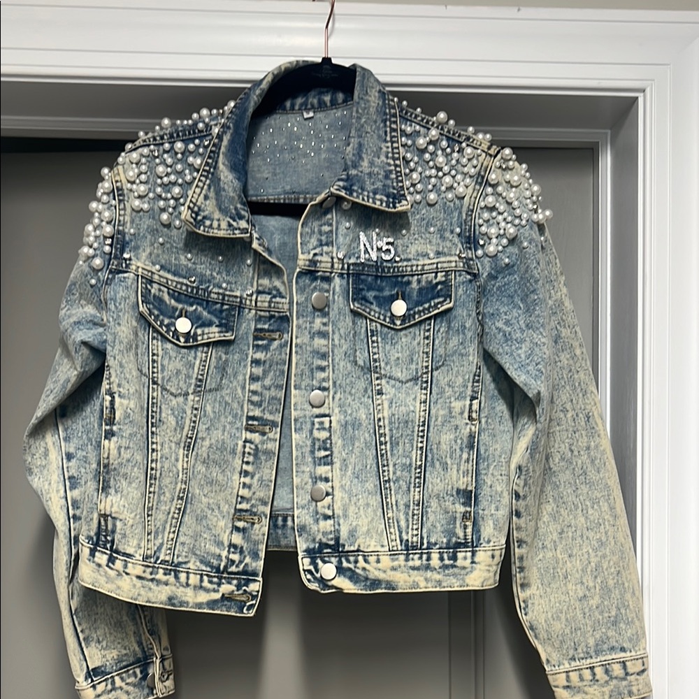 Embellished Denim Jacket with Pearls w Crystal Brooch